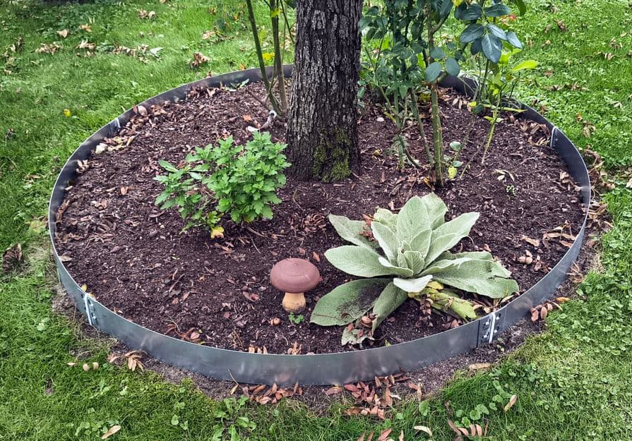 Oceľová obruba okolo stromu s mulčom